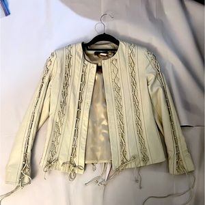 Sharon Roth Hand-Taylored Vintage Leather Jacket Lace Up Leather Ties Cream Beig